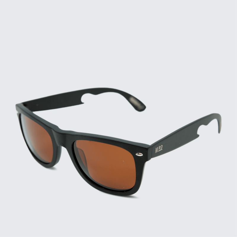 Moana Road Bottle Opener Sunglasses - with black titanium arms, black titanium frames and brown polarised lenses.