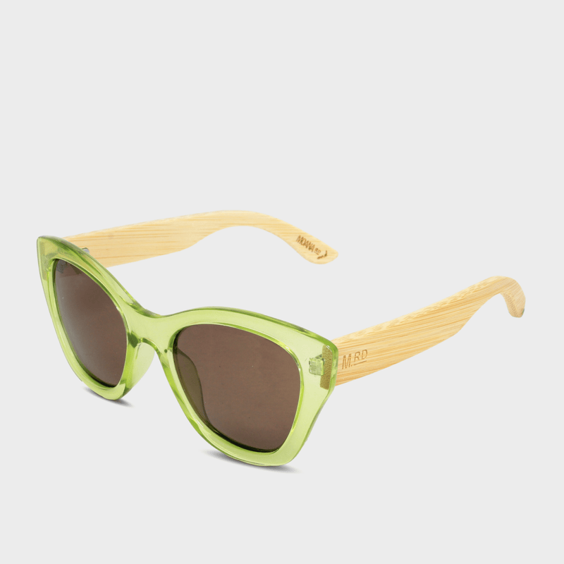 Moana Rd Hepburns sunglasses - Green transparent frames with bamboo arms and brown lenses