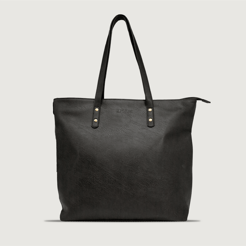 Moana Road Khandallah tote bag. Black vegan leather with patterned interior lining