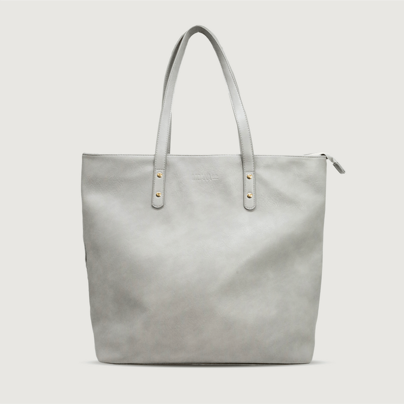 Moana Road Khandallah tote bag. Grey vegan leather with patterned interior lining