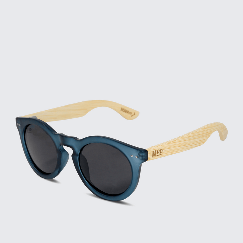 Moana Road Grace Kelly sunglasses with blue denim frames, bamboo arms and dark polarised lenses
