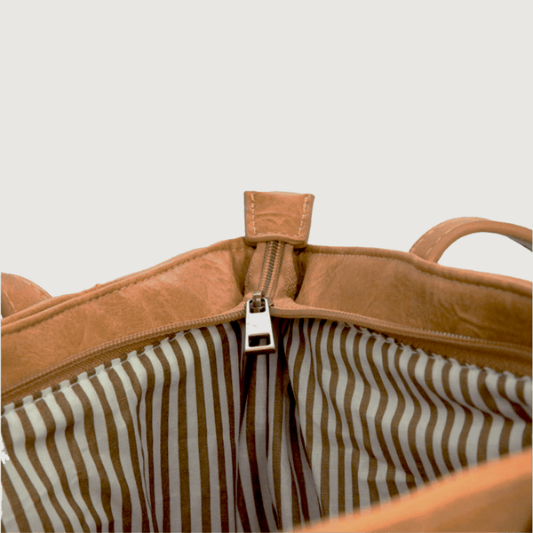 Moana Road Fendalton tote bag. Tan vegan leather with patterned interior lining