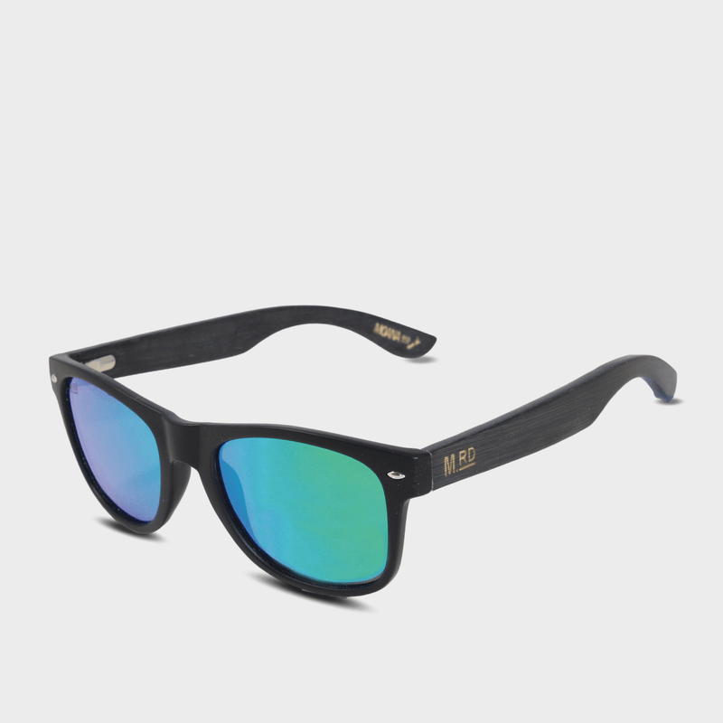 Moana Rd 50/50s- Black frames with dark wooden arms and green reflective polarized lenses