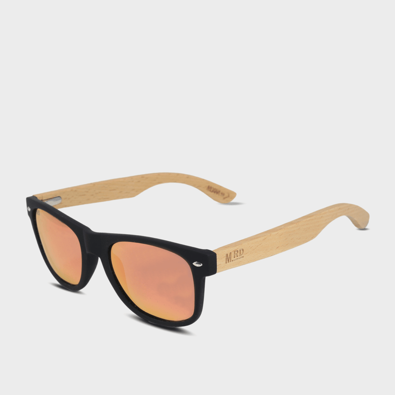 Moana Rd 50/50s- Black frames with beech wood arms and pinkreflective polarized lenses