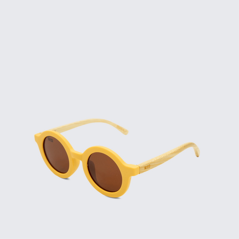 Moana Road kids sunglasses - with yellow frames, bamboo arms and brown polarised lenses