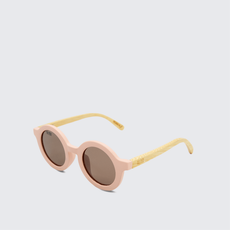 Moana Road kids sunglasses - with pink frames, bamboo arms and brown polarised lenses