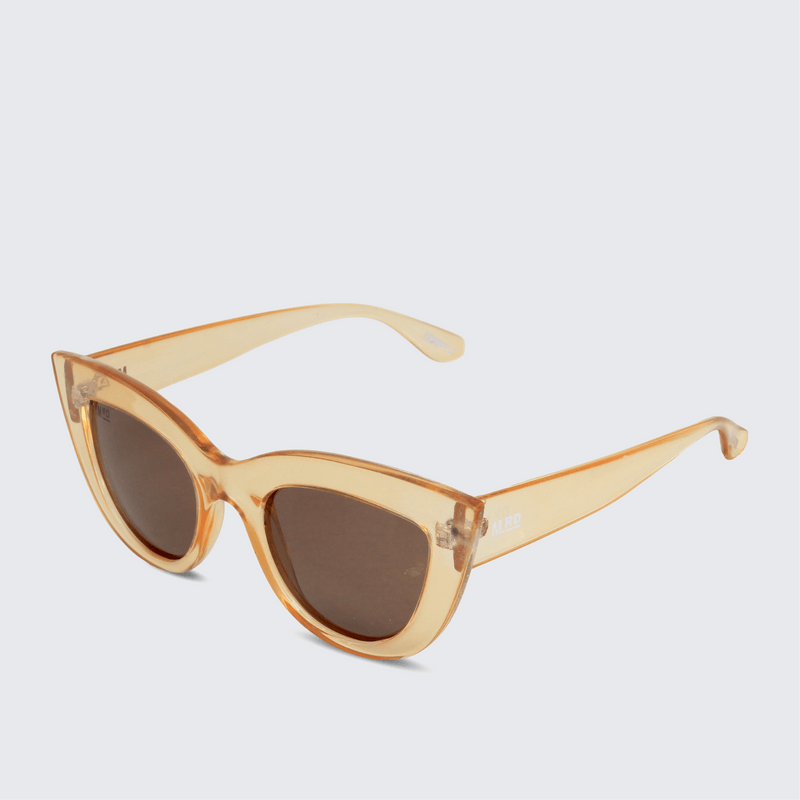 Moana Road - Brigitte Bardot sunglasses with orange transparent frames and arms and brown polarised lenses