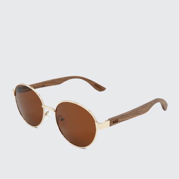 Moana Road Magnum sunglasses - with dark bamboo arms, gold frames and dark brown polarised lenses