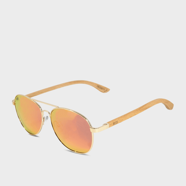 Moana Rd Aviators- Metal frames with bamboo arms and pink reflective polarized lenses