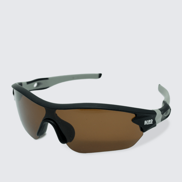 Moana Road Sporties sunglasses - Black frames with black and grey arms and brown polarized lenses