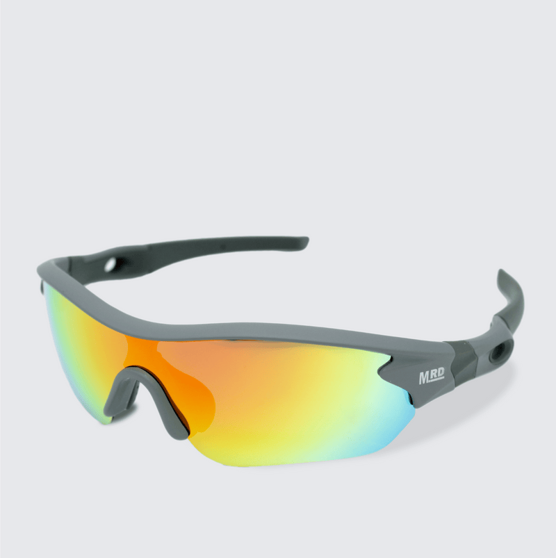 Moana Road Sporties sunglasses - Grey frames with grey and black arms and yellow/orange reflective polarized lenses