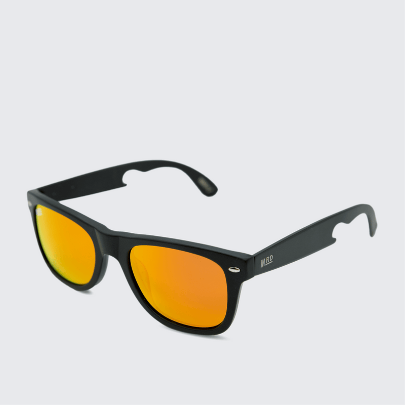 Moana Road Bottle Opener Sunglasses - with black titanium arms, black titanium frames and orange/yellow polarised lenses.
