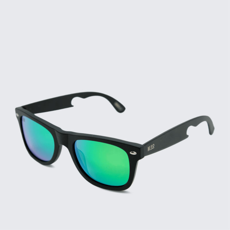 Moana Road Bottle Opener Sunglasses - with black titanium arms, black titanium frames and blue/green polarised lenses.