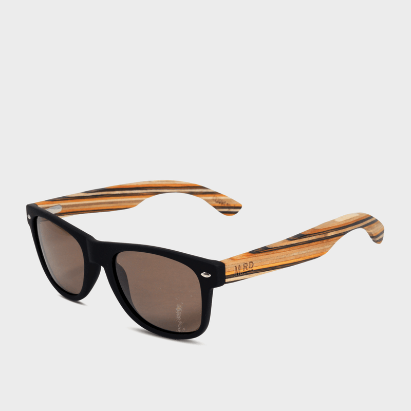 Moana Rd 50/50s- Black frames with striped bamboo arms and brown polarized lenses