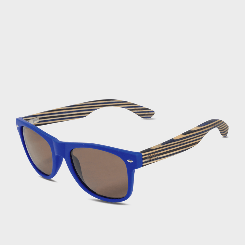 Moana Rd 50/50s- Blue frames with striped bamboo arms and brown polarized lenses