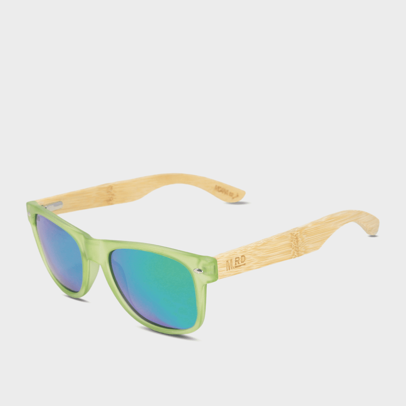 Moana Rd 50/50s- Transparent green frames with bamboo arms and reflective polarized lenses