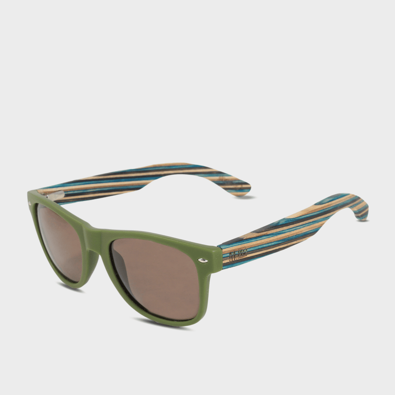 Moana Rd 50/50s- Green frames with striped bamboo arms and brown polarized lenses