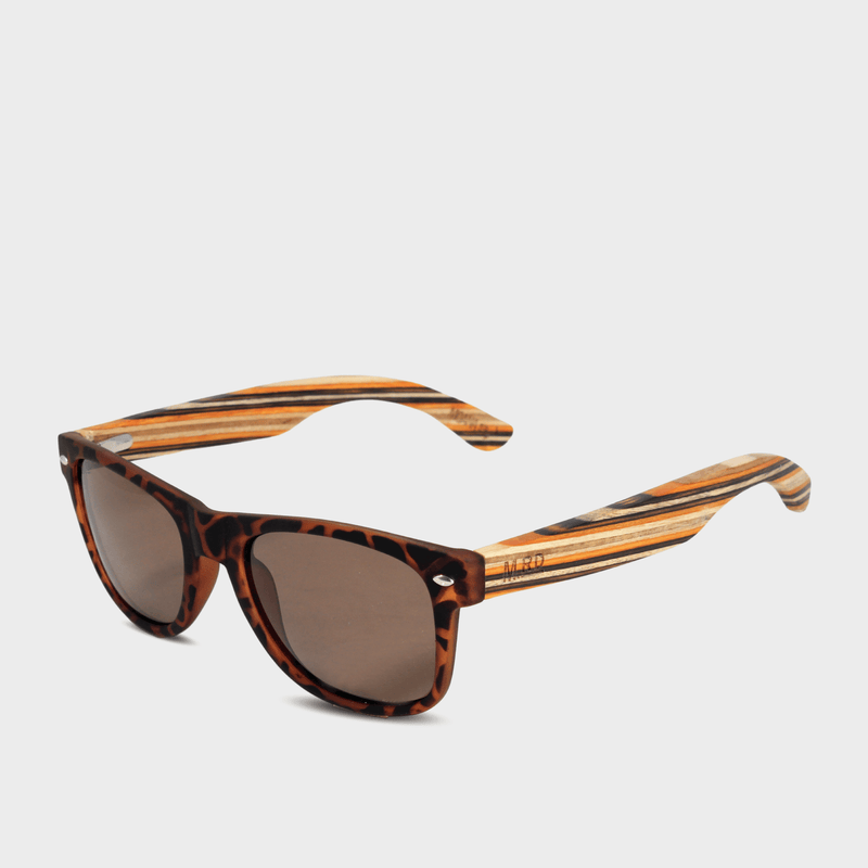 Moana Rd 50/50s- Tortoiseshell frames with striped bamboo arms and brown polarized lenses
