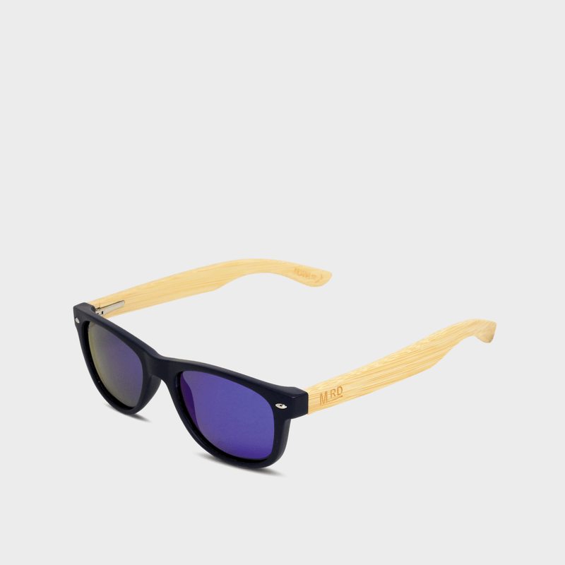 Moana Rd kids 50/50s sunglasses - Black frames with bamboo arms with blue reflective polarized lenses