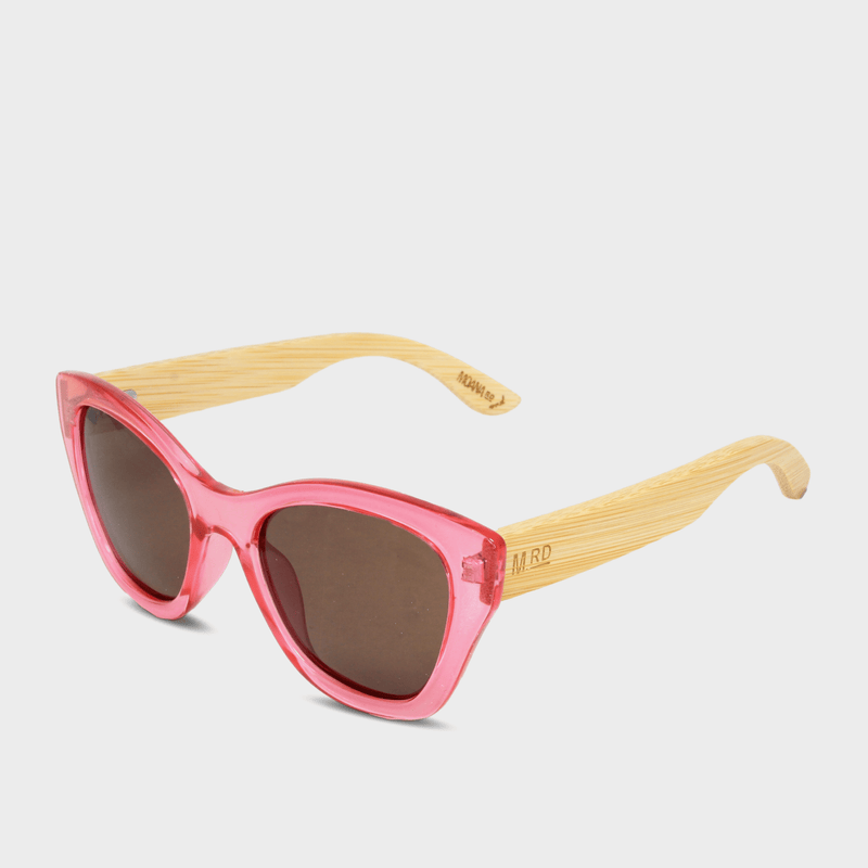 Moana Rd Hepburns sunglasses - Pink transparent frames with bamboo arms and brown lenses