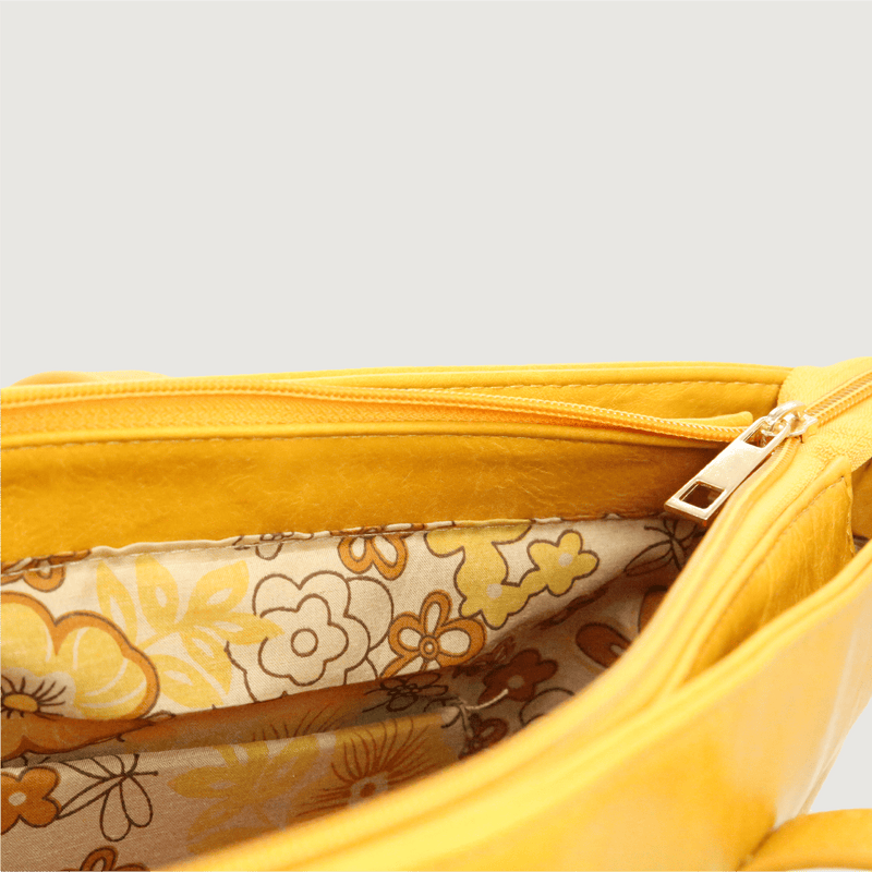 Moana Road Khandallah tote bag. Mustard vegan leather with patterned interior lining