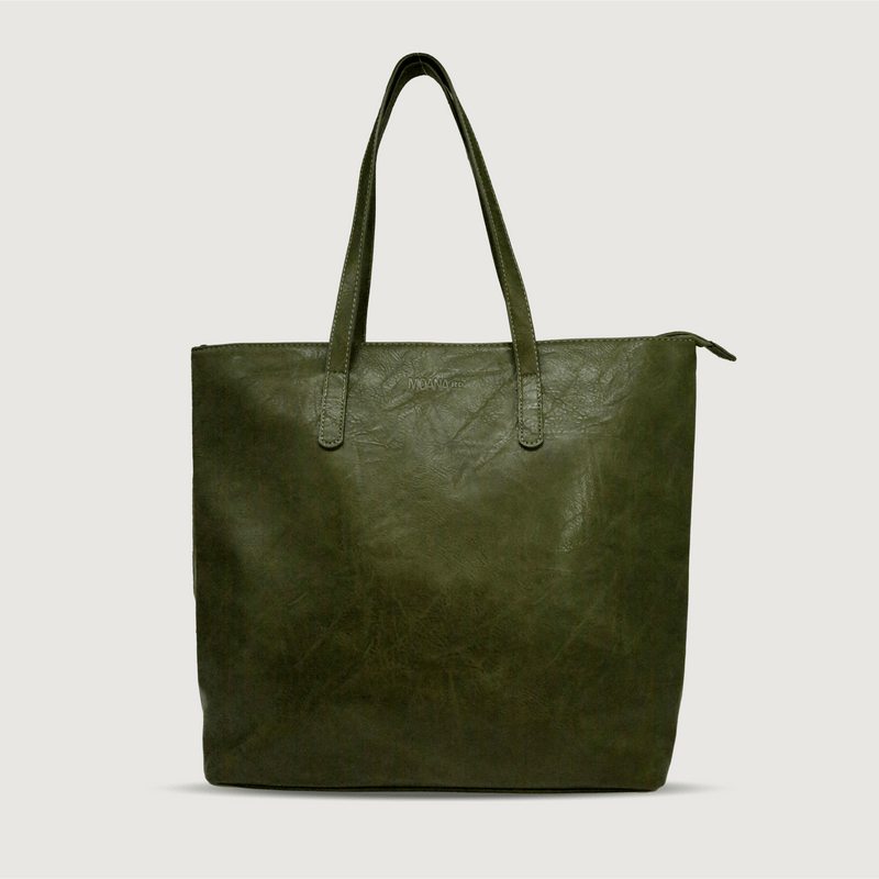 Moana Road Khandallah tote bag. Olive vegan leather with patterned interior lining
