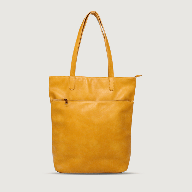 Moana Road Fendalton tote bag. Mustard vegan leather with patterned interior lining
