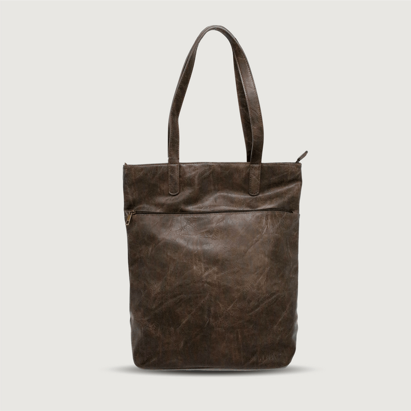 Moana Road Fendalton tote bag. Brown vegan leather with patterned interior lining