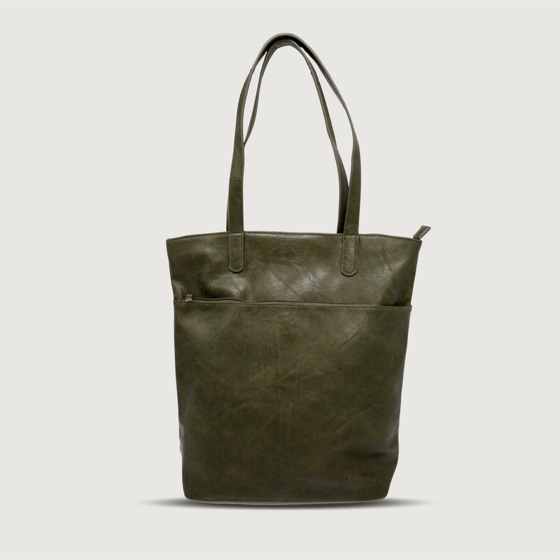 Moana Road Fendalton tote bag. Olive vegan leather with patterned interior lining