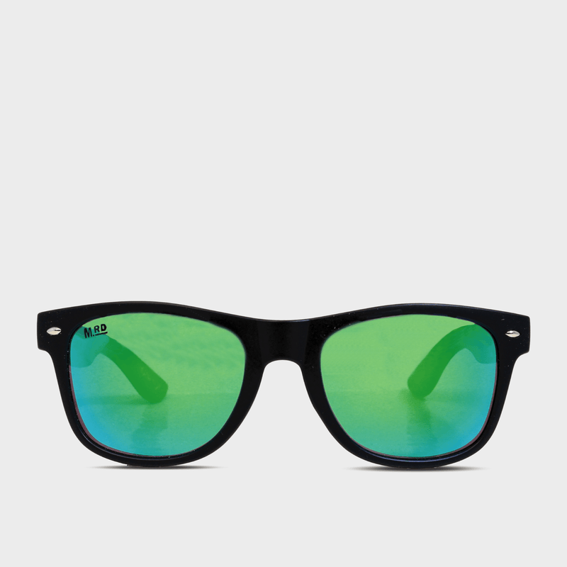 Moana Rd 50/50s- Black frames with dark wooden arms and green reflective polarized lenses