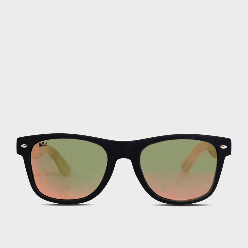 Moana Rd 50/50s- Black frames with beech wood arms and pink reflective polarized lenses