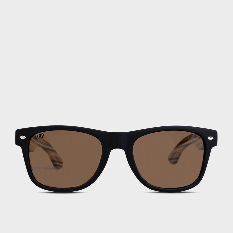 Moana Rd 50/50s- Black frames with striped bamboo arms and brown polarized lenses