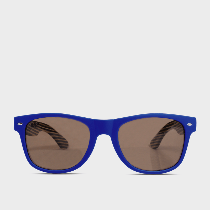 Moana Rd 50/50s- Blue frames with striped bamboo arms and brown polarized lenses