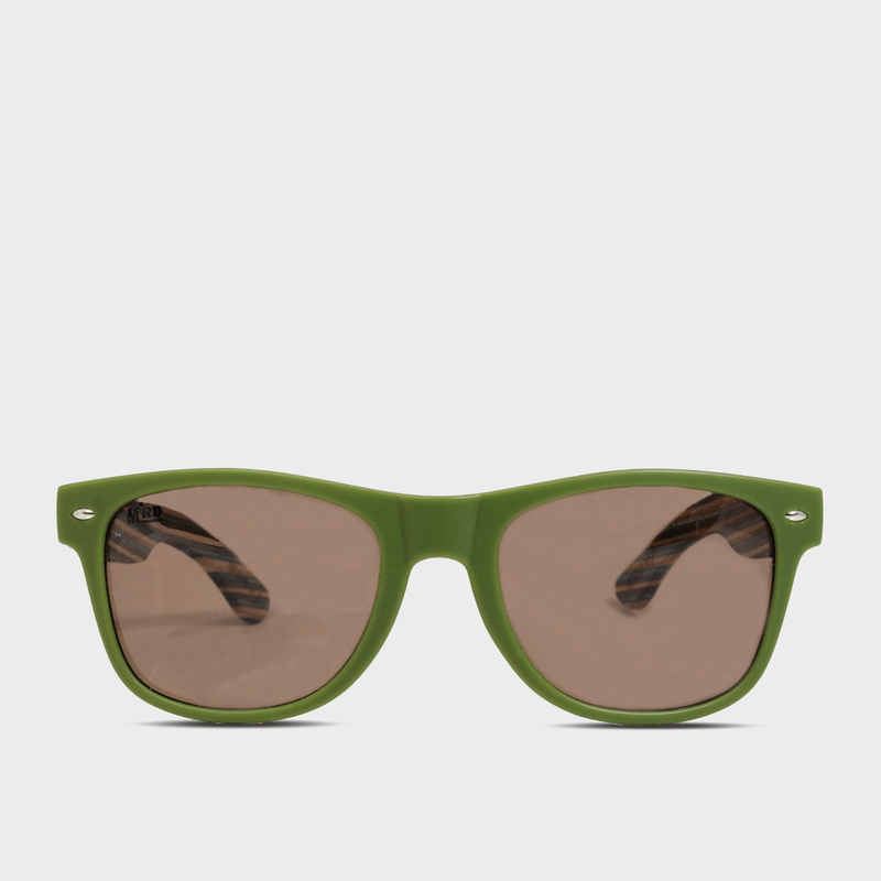Moana Rd 50/50s- Green frames with striped bamboo arms and brown polarized lenses